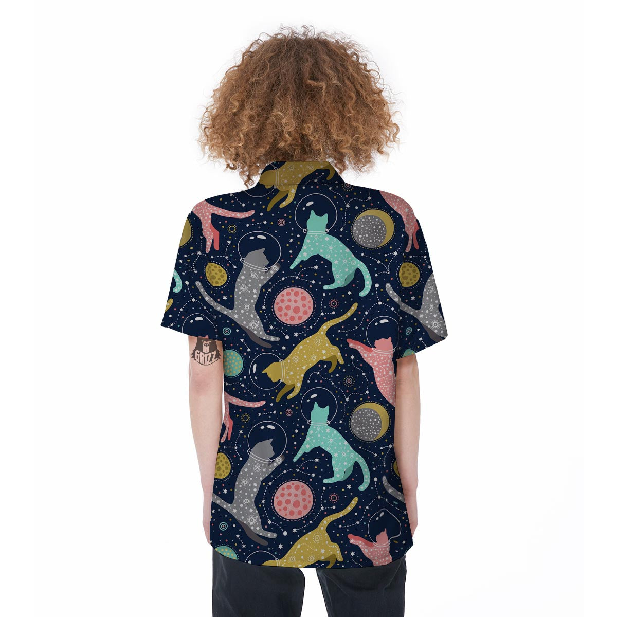 Space Cat Print Women's Short Sleeve Shirts-grizzshop