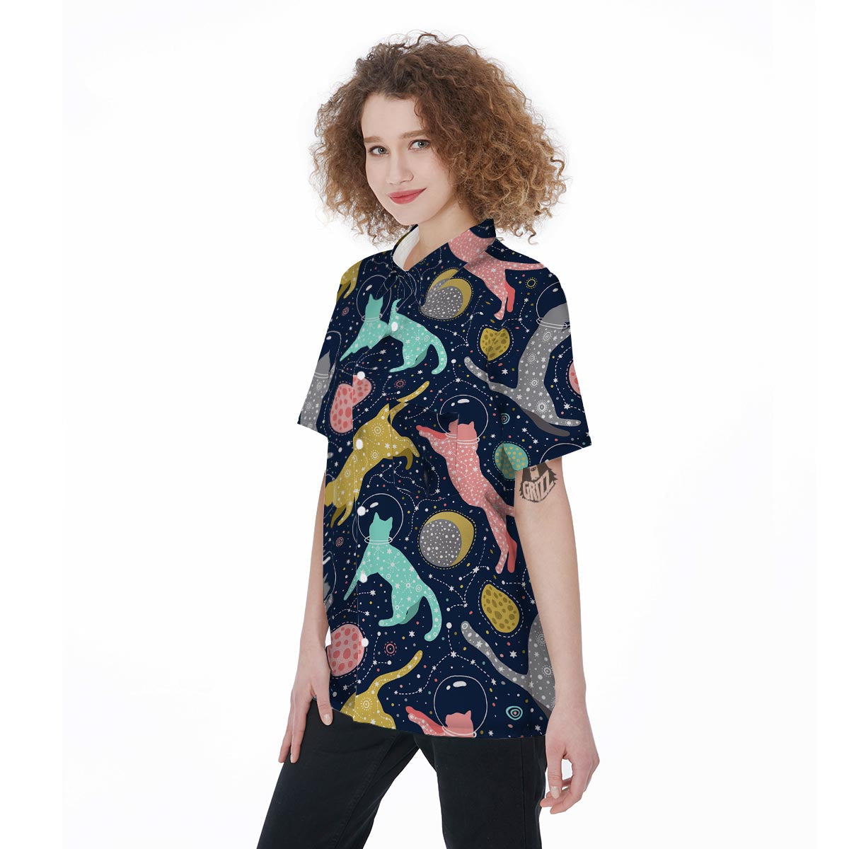 Space Cat Print Women's Short Sleeve Shirts-grizzshop
