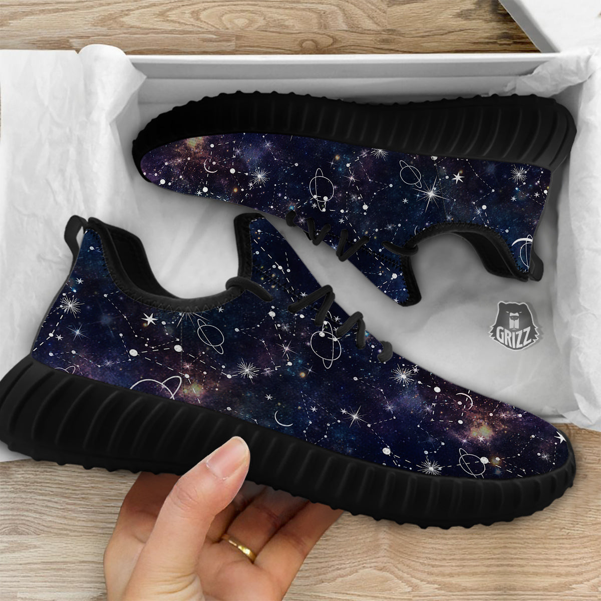 Space Constellation Galaxy Print Black Walking Shoes-grizzshop