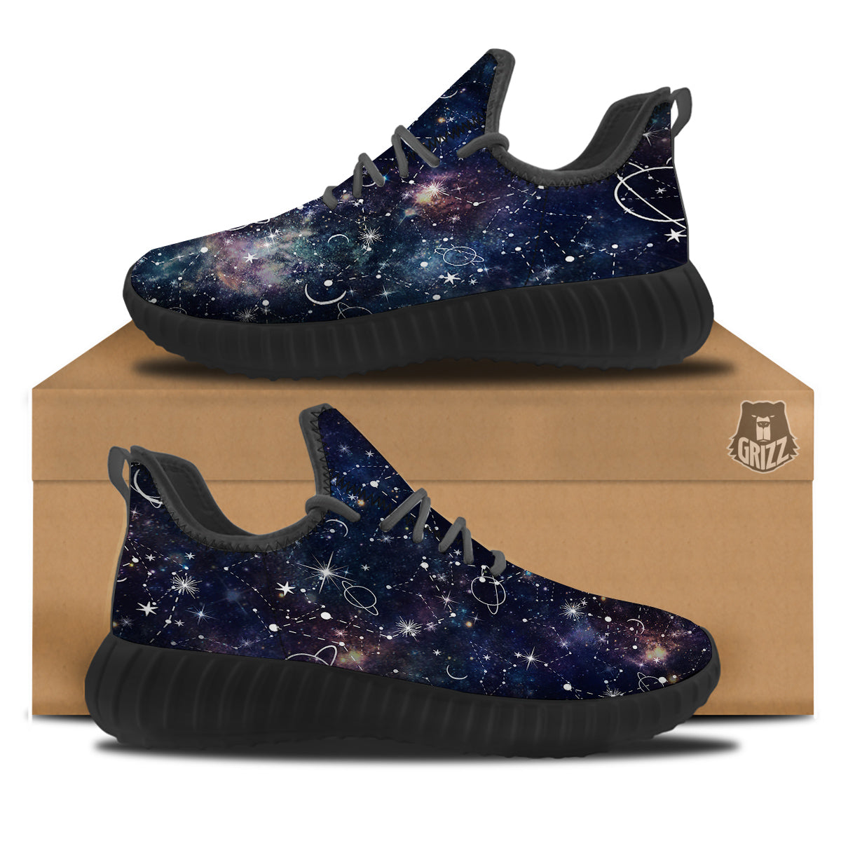 Space Constellation Galaxy Print Black Walking Shoes-grizzshop