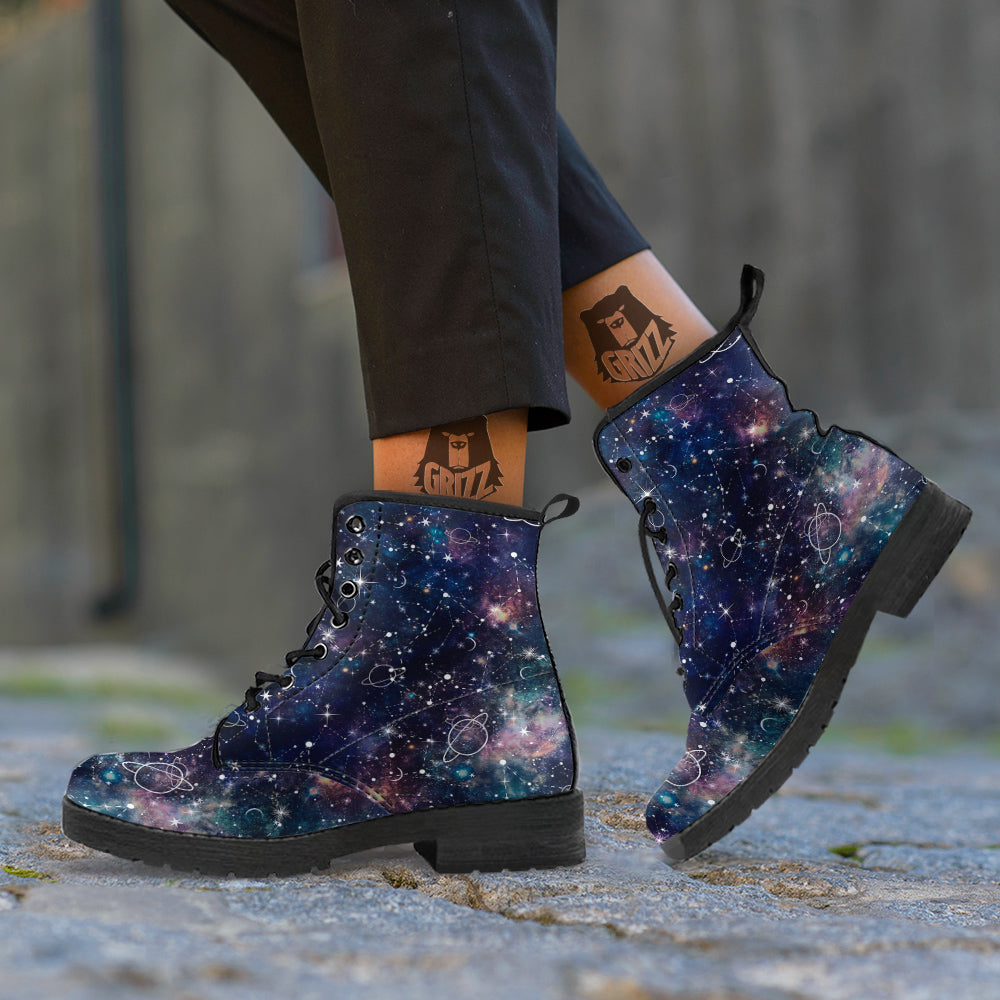 Space Constellation Galaxy Print Leather Boots-grizzshop