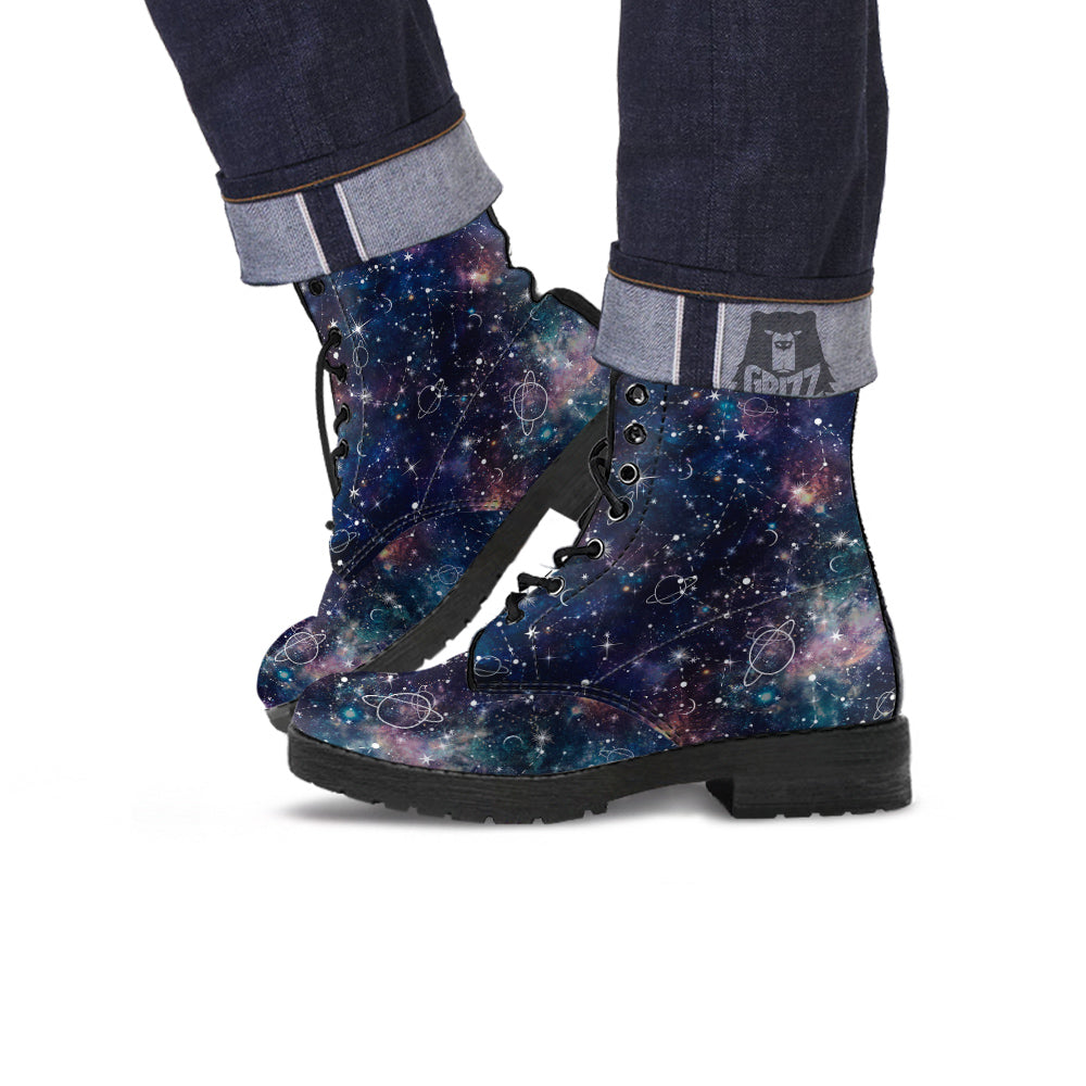 Space Constellation Galaxy Print Leather Boots-grizzshop