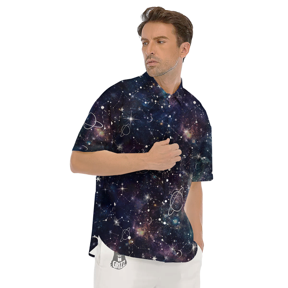 Space Constellation Galaxy Print Men's Short Sleeve Shirts-grizzshop