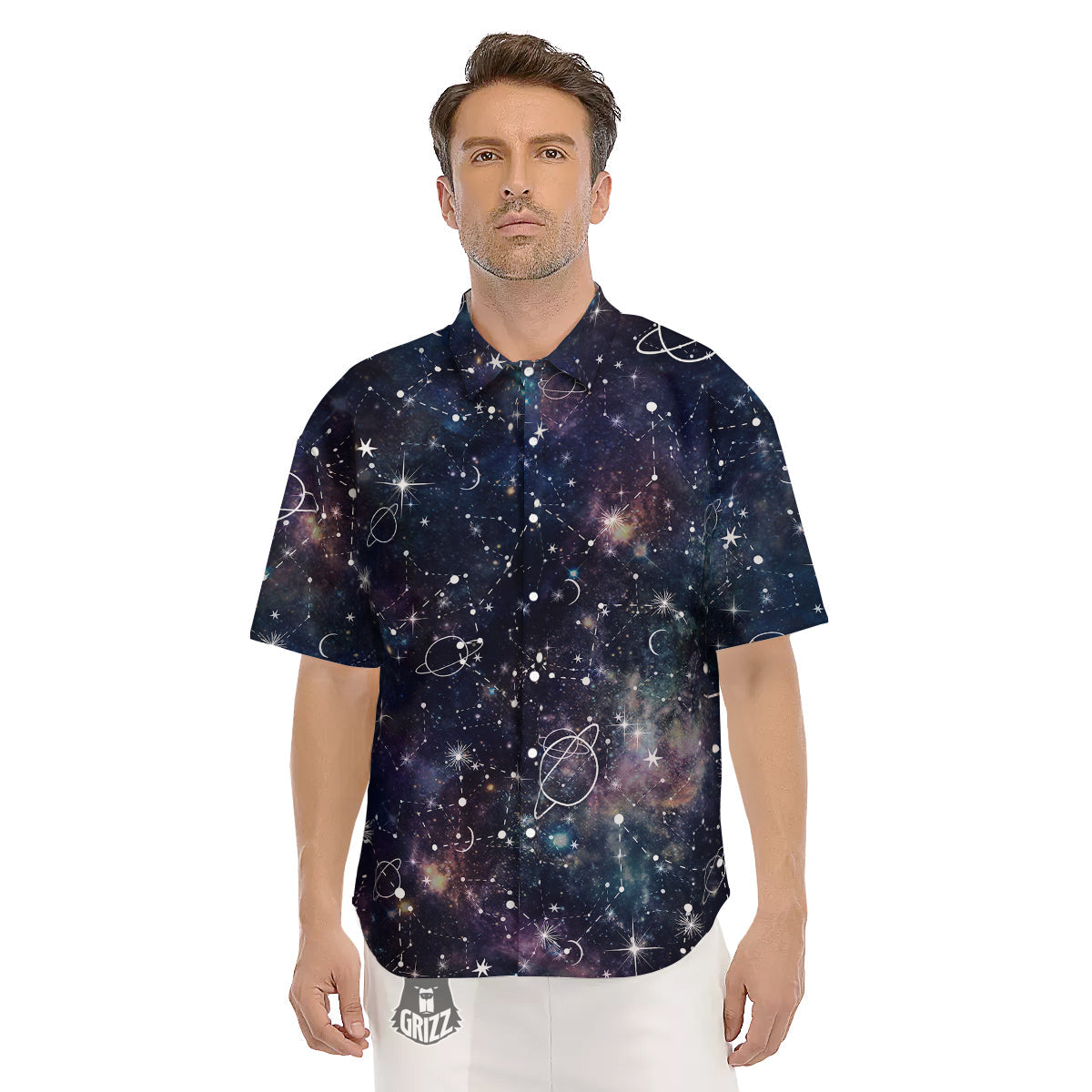 Space Constellation Galaxy Print Men's Short Sleeve Shirts-grizzshop