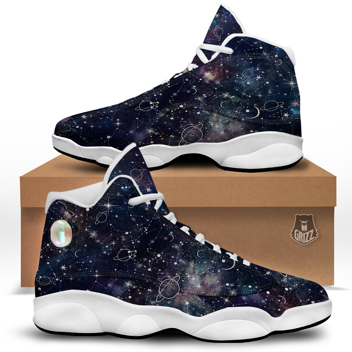 Space Constellation Galaxy Print White Basketball Shoes-grizzshop