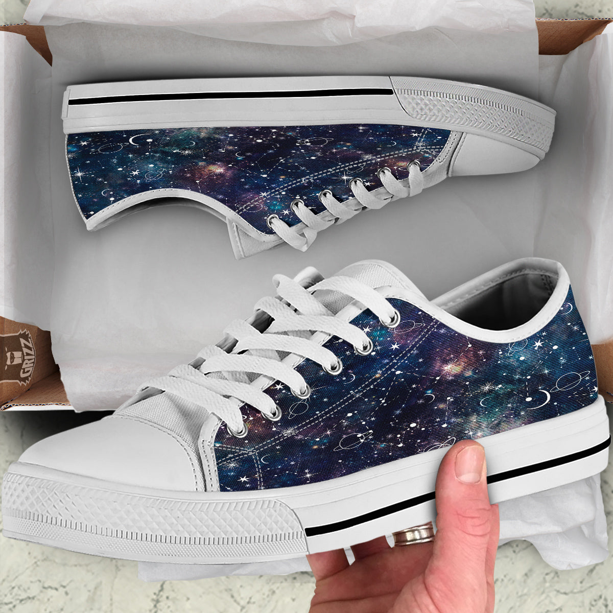 Space Constellation Galaxy Print White Low Top Shoes-grizzshop