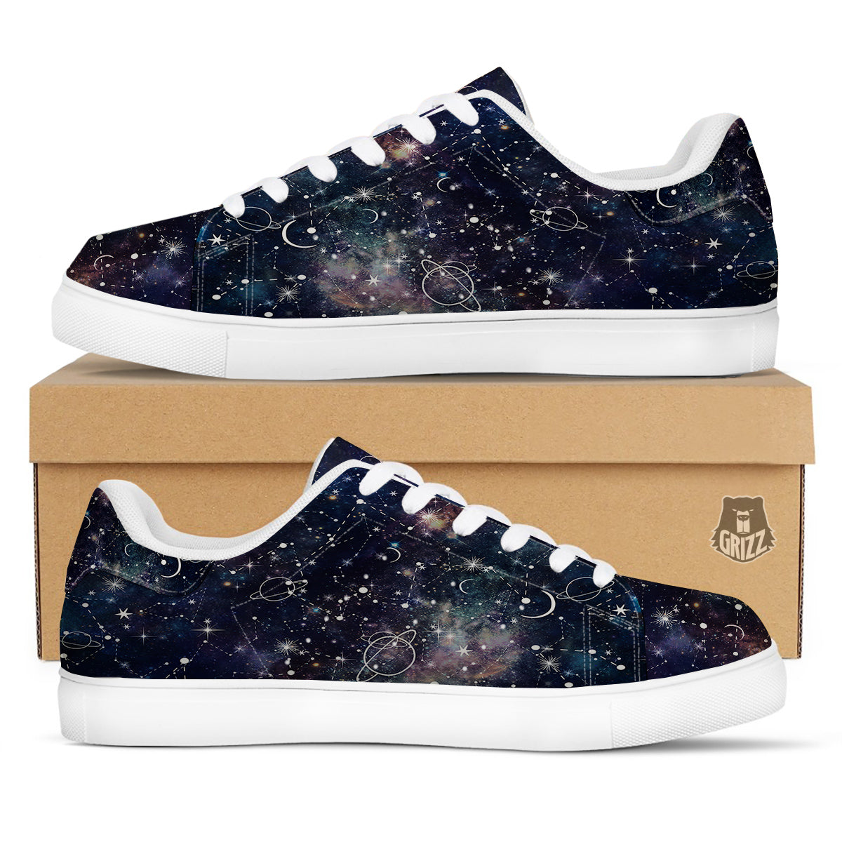 Space Constellation Galaxy Print White Low Top Sneakers-grizzshop