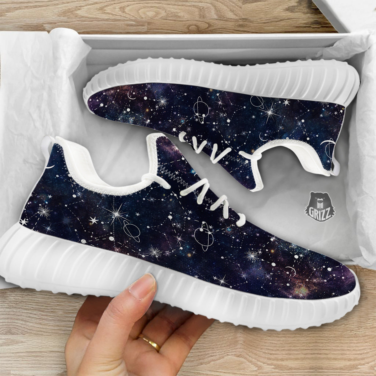 Space Constellation Galaxy Print White Walking Shoes-grizzshop