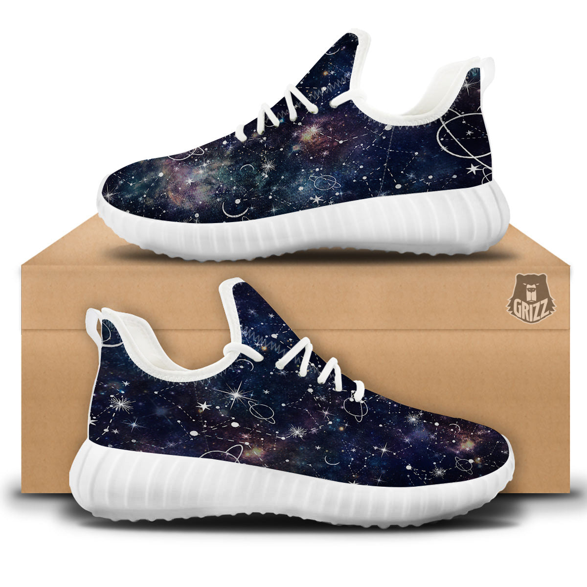 Space Constellation Galaxy Print White Walking Shoes-grizzshop