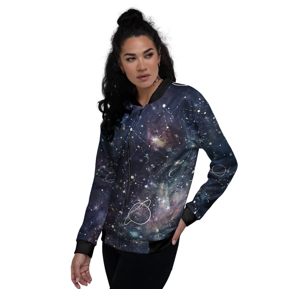 Space Constellation Galaxy Print Women's Bomber Jacket-grizzshop