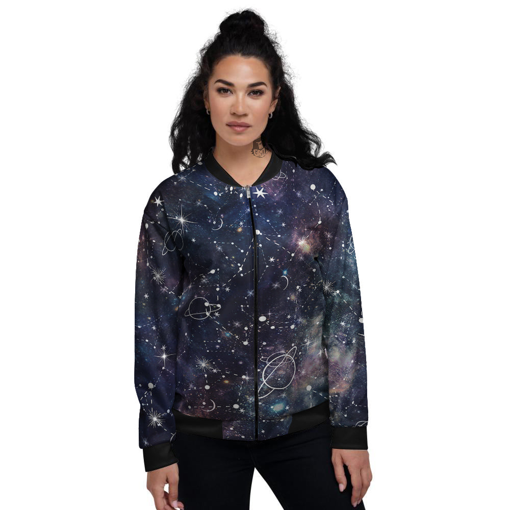 Space Constellation Galaxy Print Women's Bomber Jacket-grizzshop