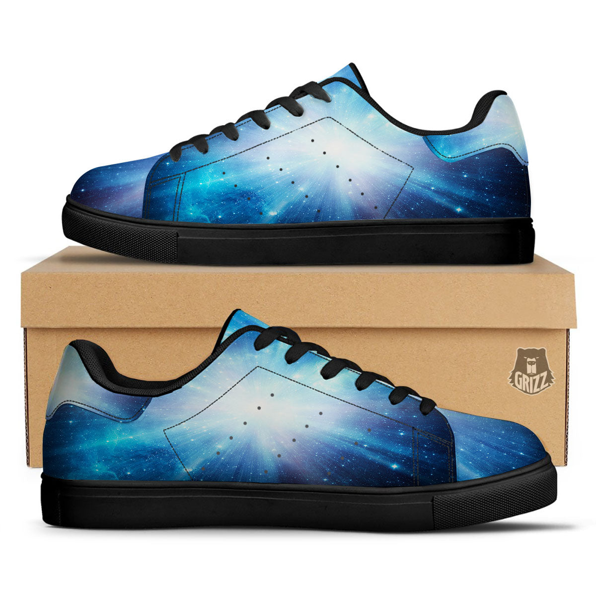 Space Light Blue Print Black Low Top Sneakers-grizzshop
