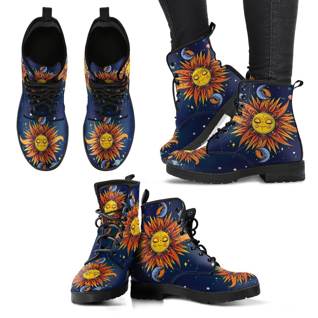 Space Sun Moon Women's Leather Boots-grizzshop