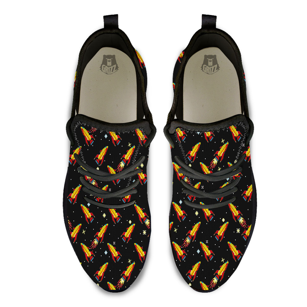 Spaceships Pixel Print Pattern Black Athletic Shoes-grizzshop