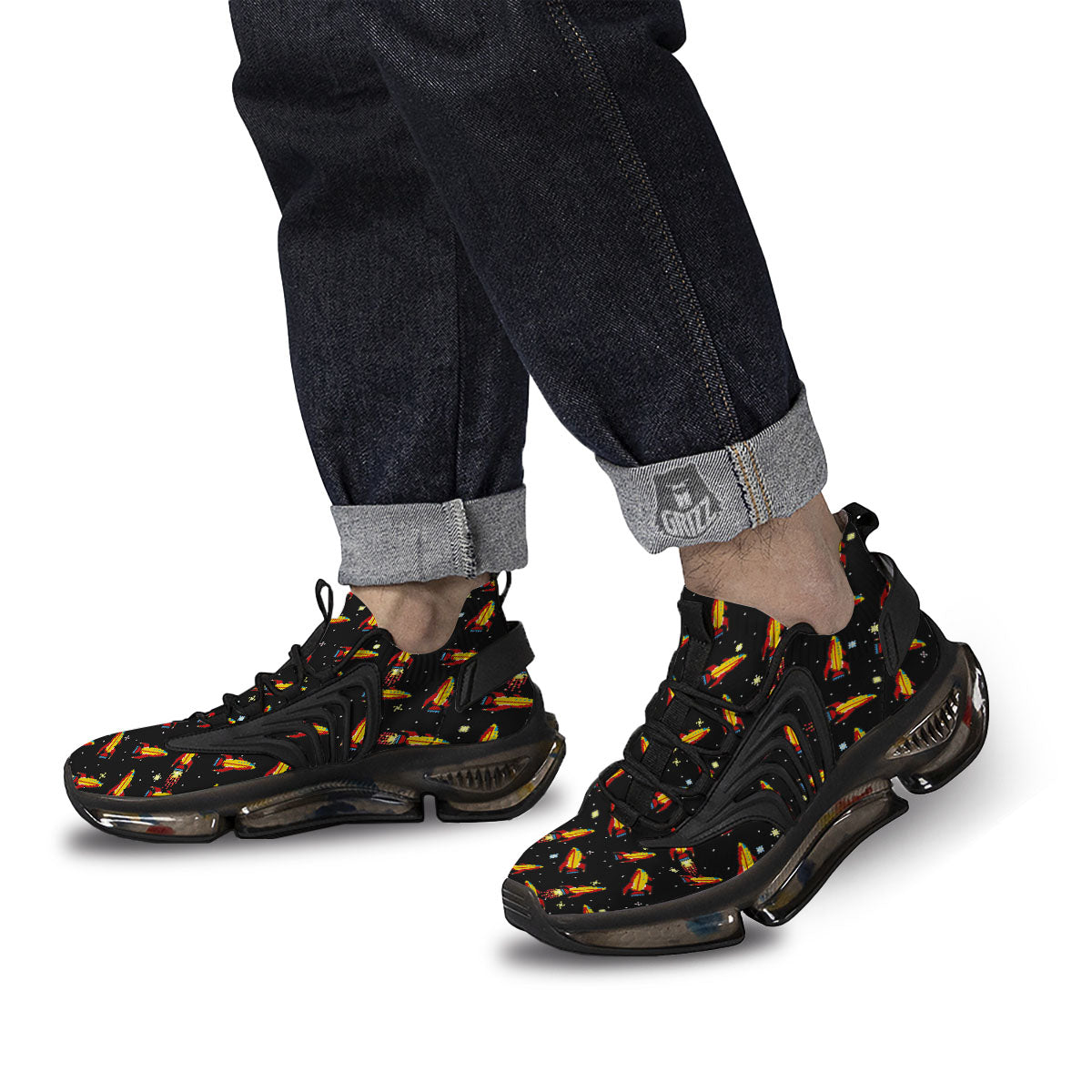 Spaceships Pixel Print Pattern Black Gym Shoes-grizzshop