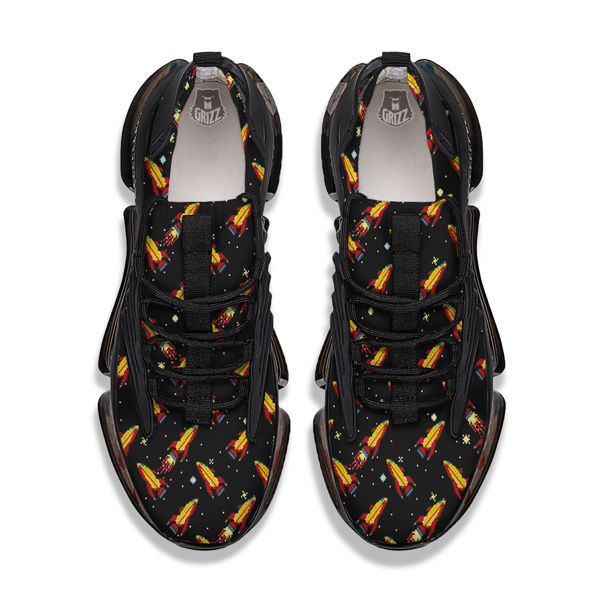 Spaceships Pixel Print Pattern Black Gym Shoes-grizzshop