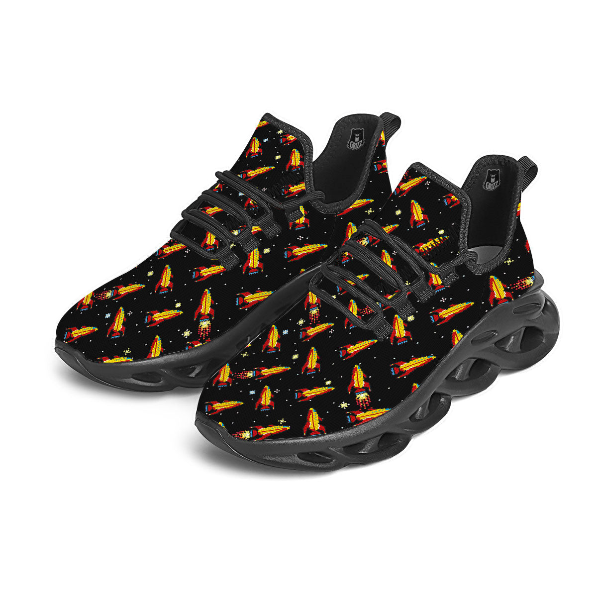 Spaceships Pixel Print Pattern Black Running Shoes-grizzshop