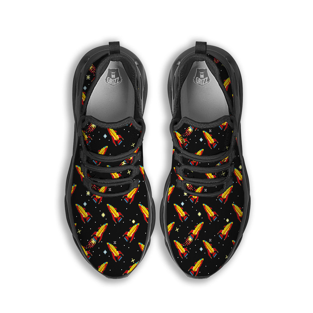 Spaceships Pixel Print Pattern Black Running Shoes-grizzshop