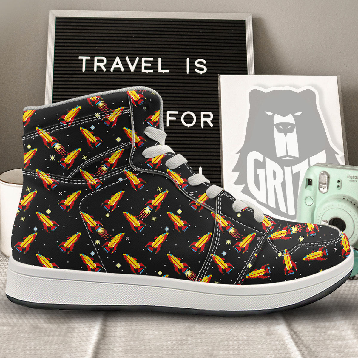 Spaceships Pixel Print Pattern High Top Sneakers-grizzshop