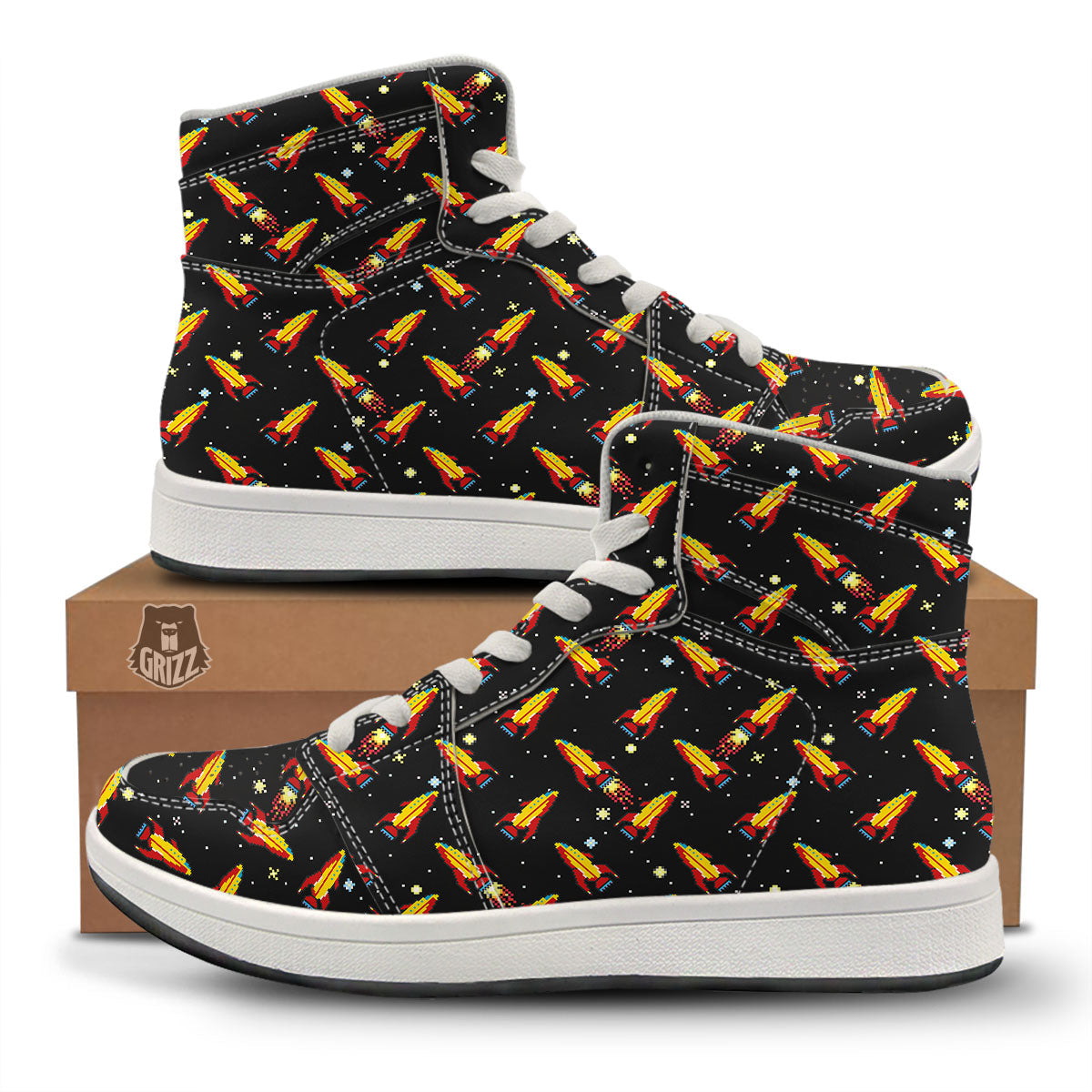 Spaceships Pixel Print Pattern High Top Sneakers-grizzshop