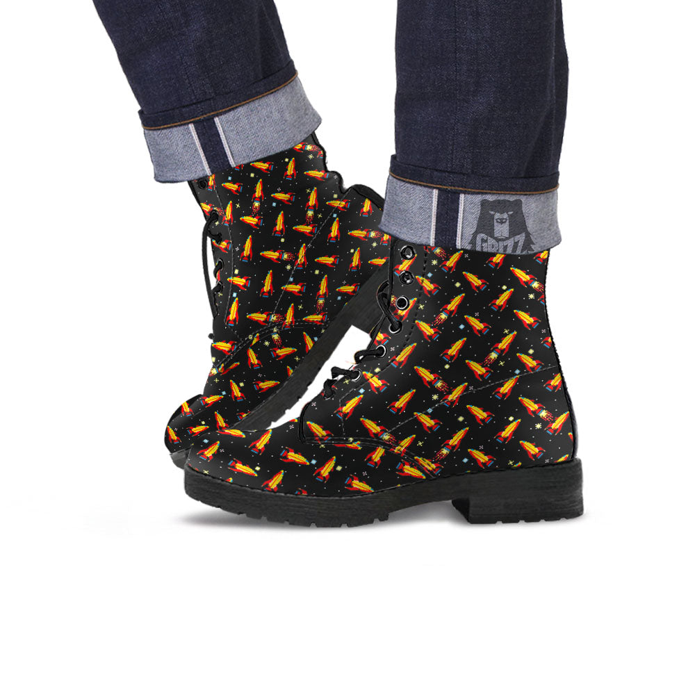 Spaceships Pixel Print Pattern Leather Boots-grizzshop