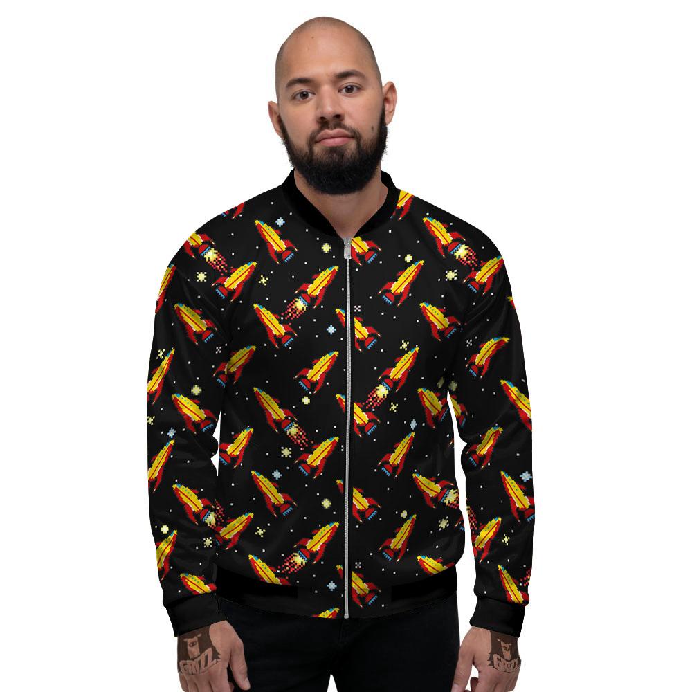 Spaceships Pixel Print Pattern Men's Bomber Jacket-grizzshop