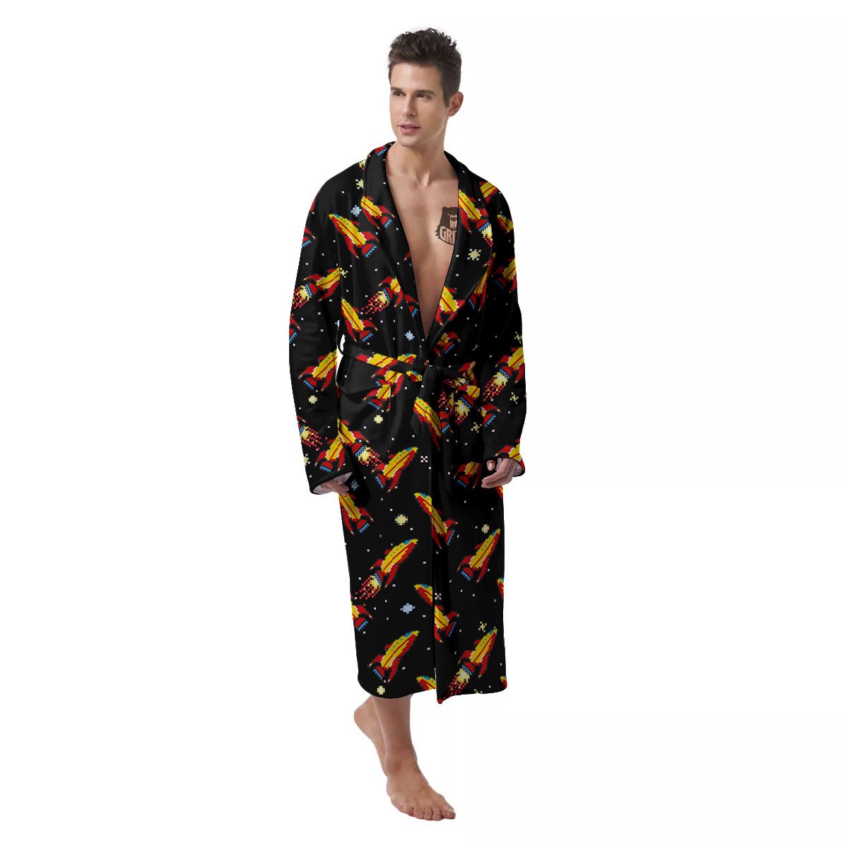 Spaceships Pixel Print Pattern Men's Robe-grizzshop