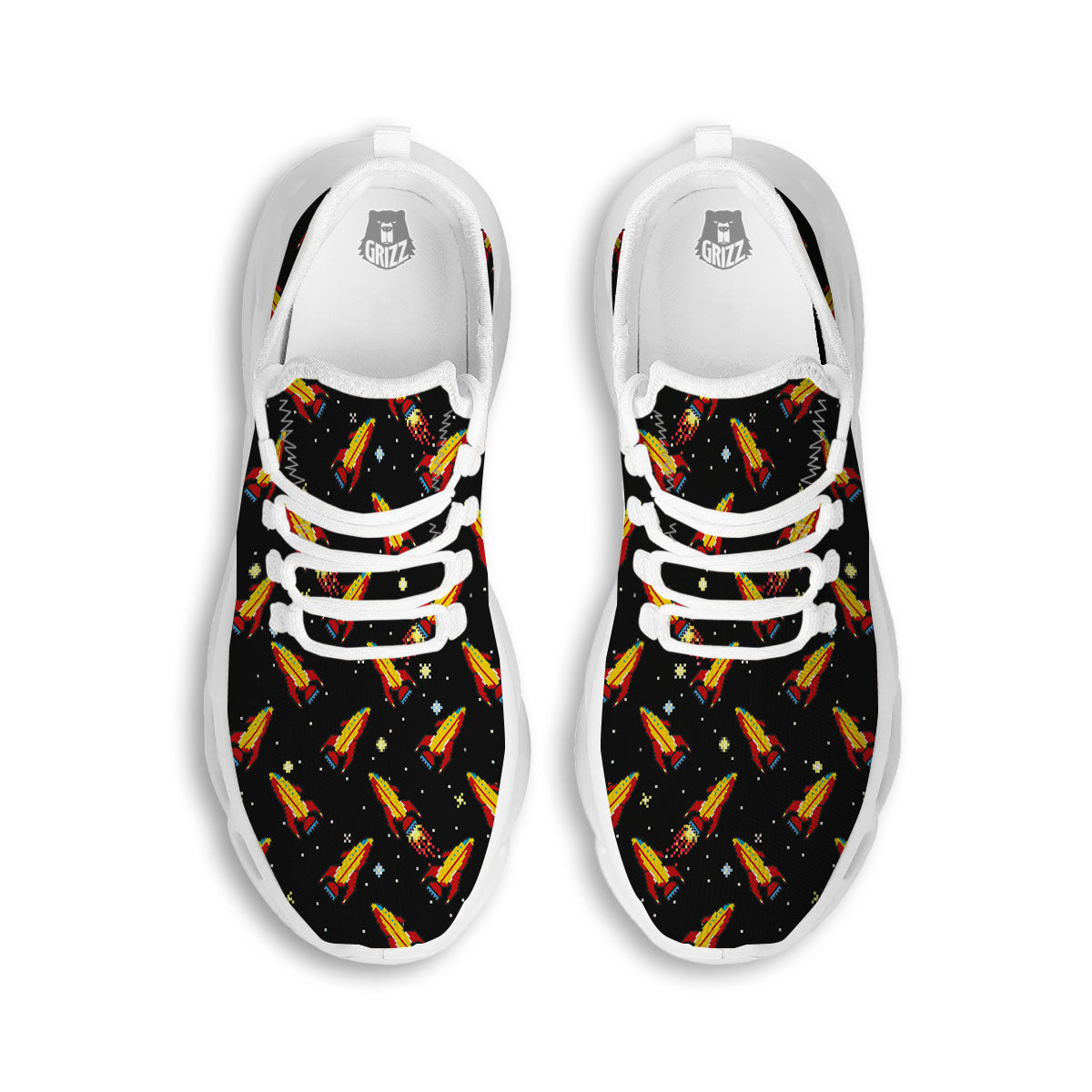 Spaceships Pixel Print Pattern White Running Shoes-grizzshop