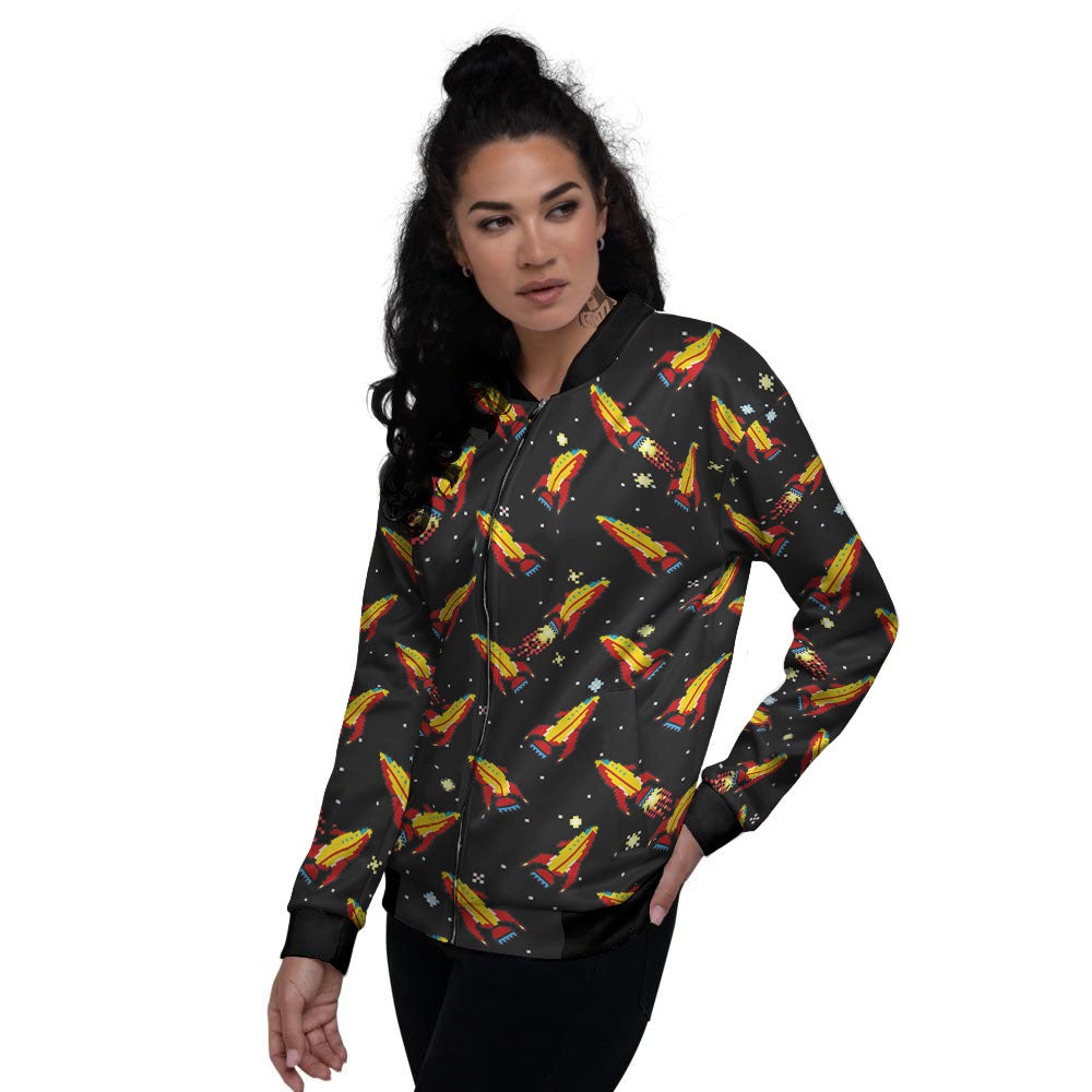 Spaceships Pixel Print Pattern Women's Bomber Jacket-grizzshop