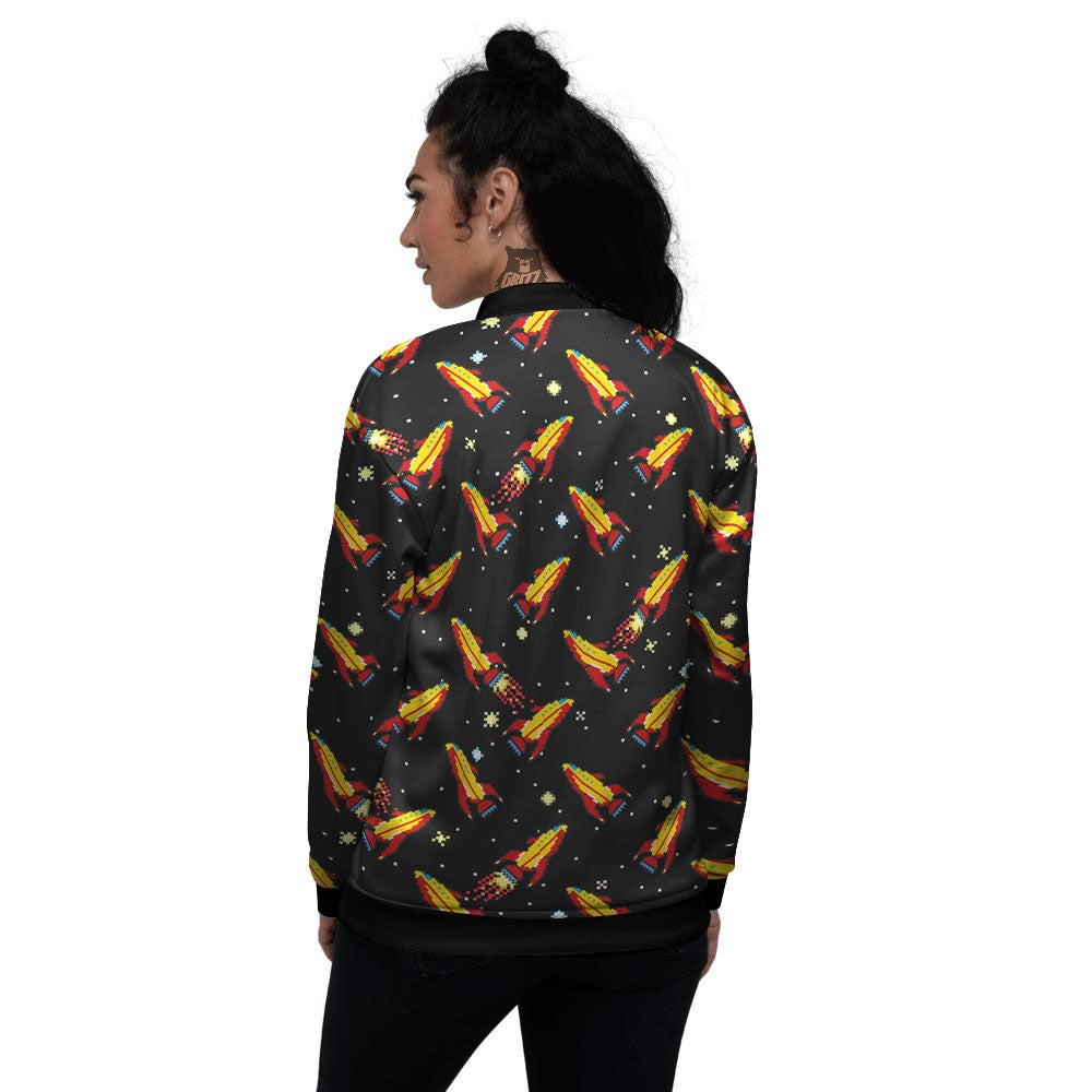 Spaceships Pixel Print Pattern Women's Bomber Jacket-grizzshop