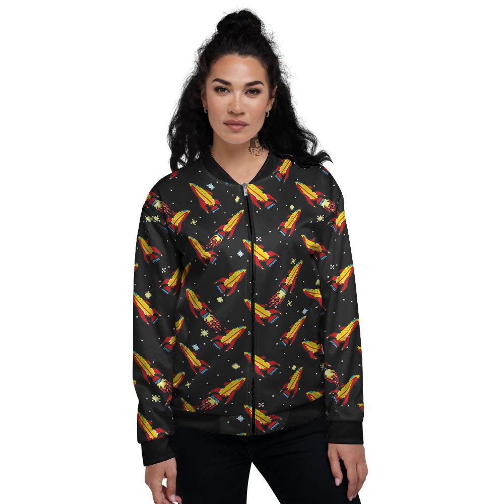 Spaceships Pixel Print Pattern Women's Bomber Jacket-grizzshop