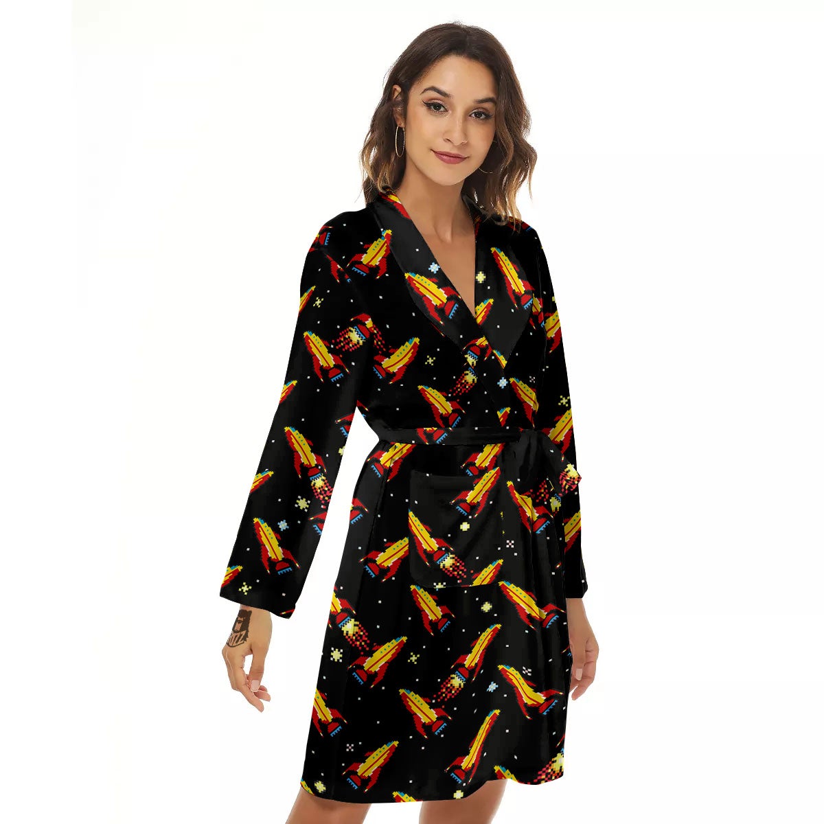 Spaceships Pixel Print Pattern Women's Robe-grizzshop