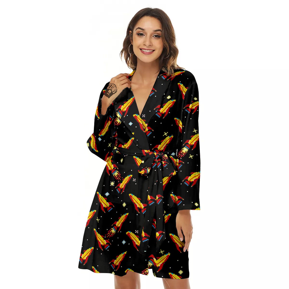 Spaceships Pixel Print Pattern Women's Robe-grizzshop