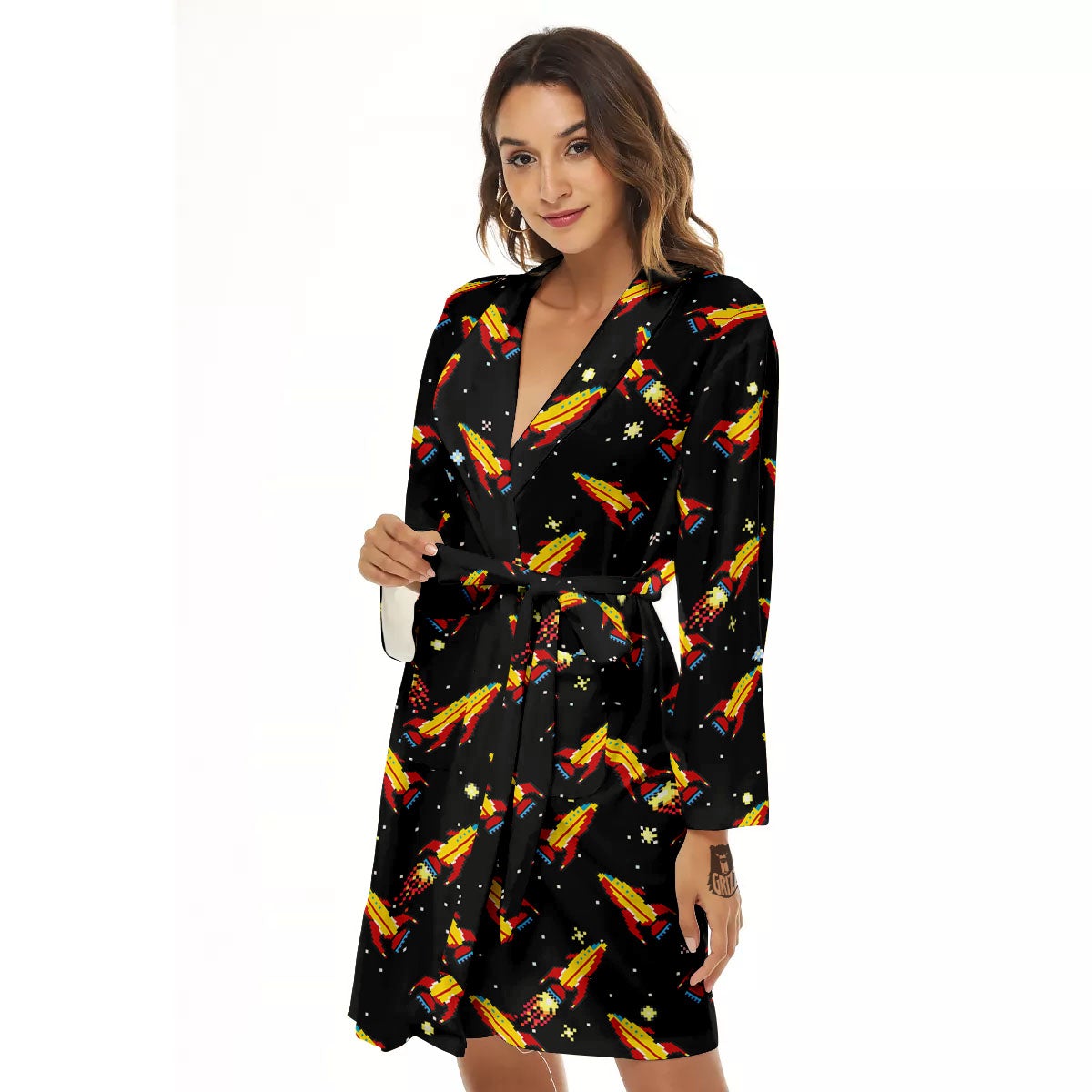 Spaceships Pixel Print Pattern Women's Robe-grizzshop