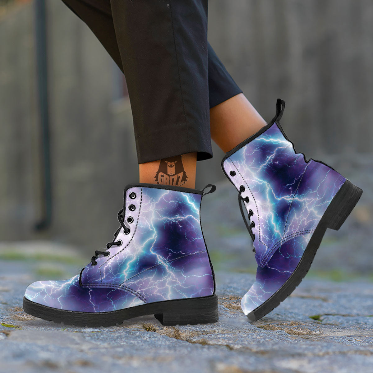 Spark Lightning Print Leather Boots-grizzshop