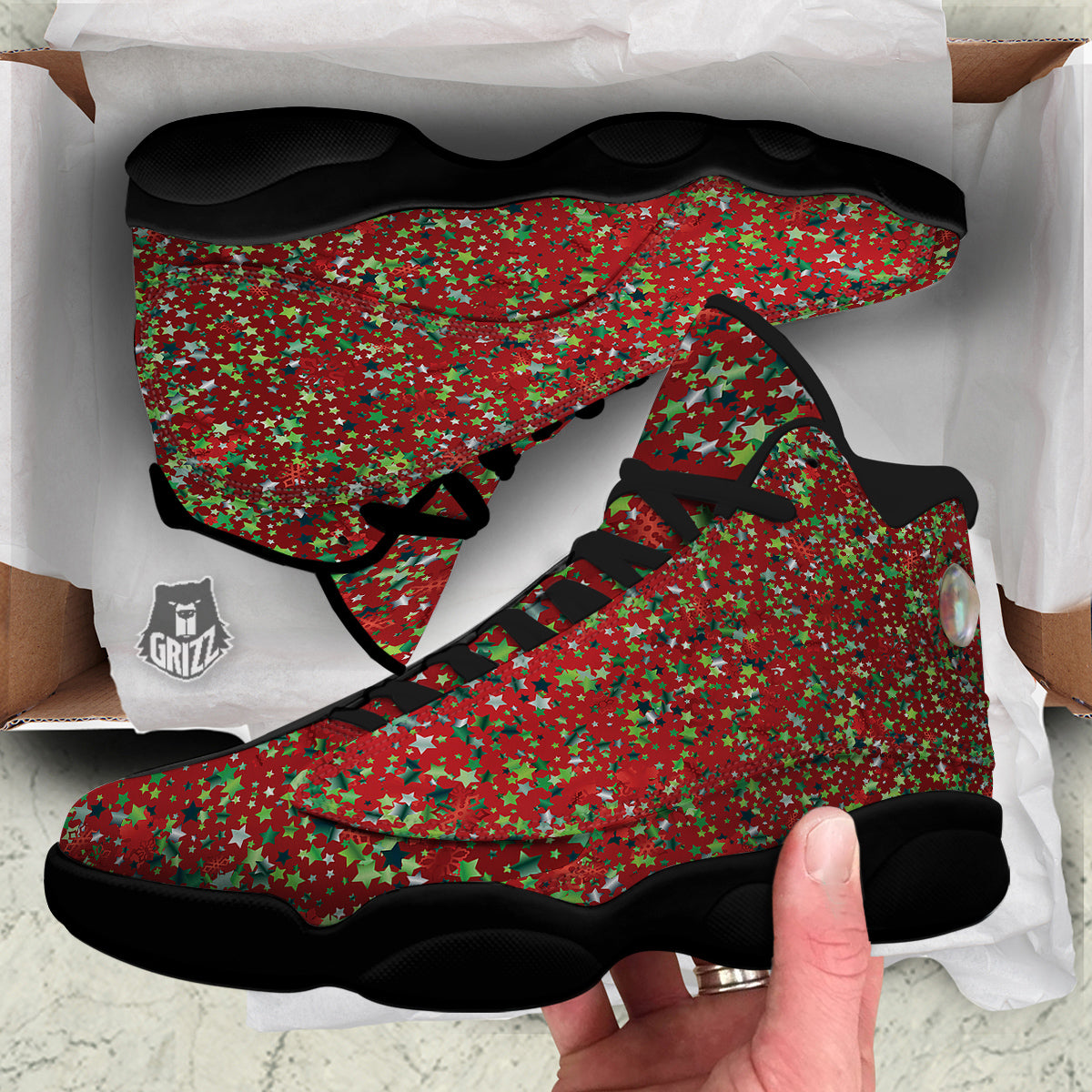 Sparkle Christmas Print Black Basketball Shoes-grizzshop