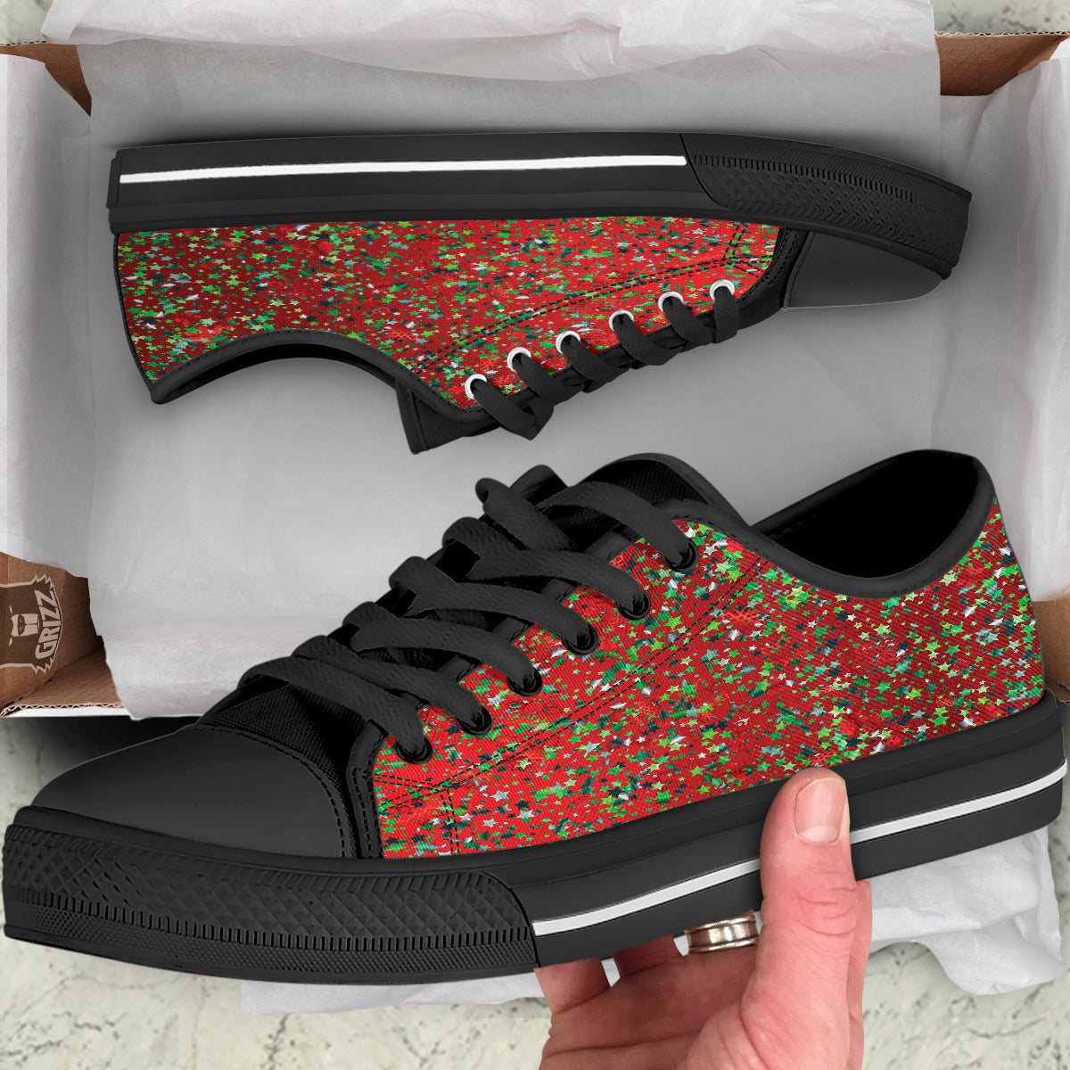 Sparkle Christmas Print Black Low Top Shoes-grizzshop