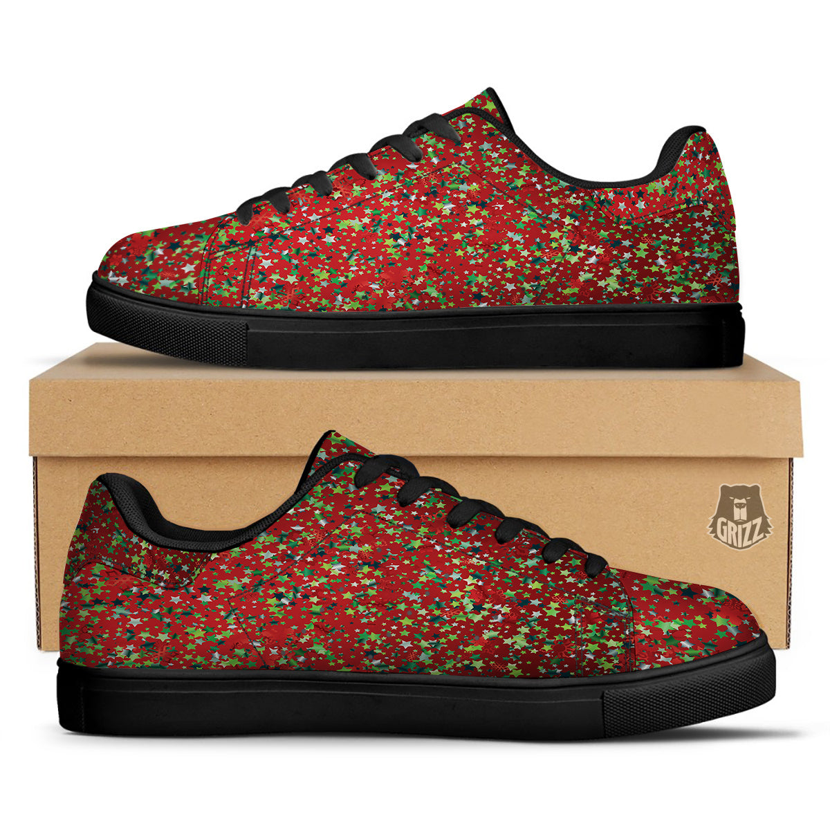 Sparkle Christmas Print Black Low Top Sneakers-grizzshop