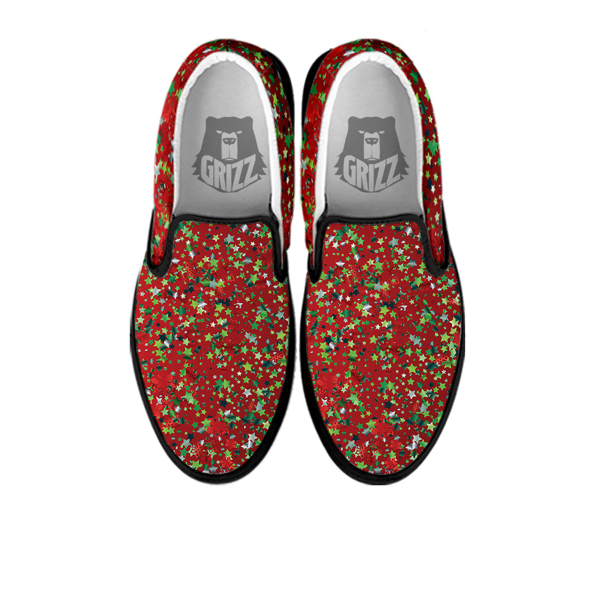 Sparkle Christmas Print Black Slip On Shoes-grizzshop