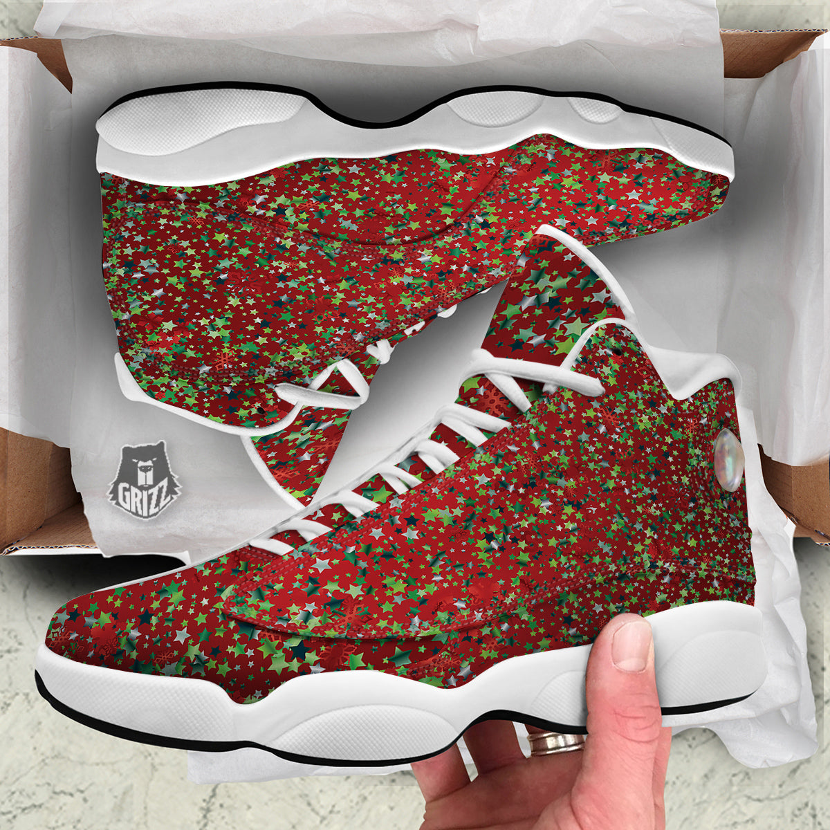 Sparkle Christmas Print White Basketball Shoes-grizzshop