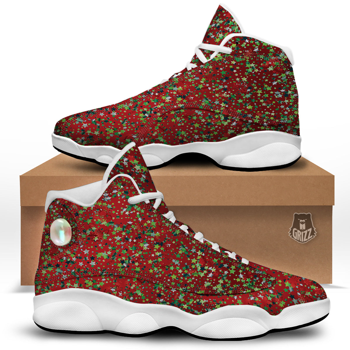 Sparkle Christmas Print White Basketball Shoes-grizzshop