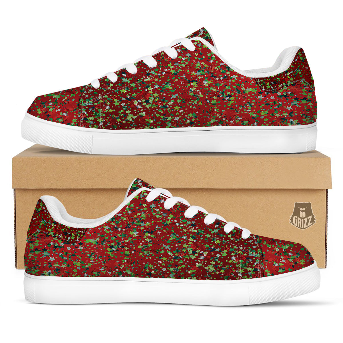 Sparkle Christmas Print White Low Top Sneakers-grizzshop