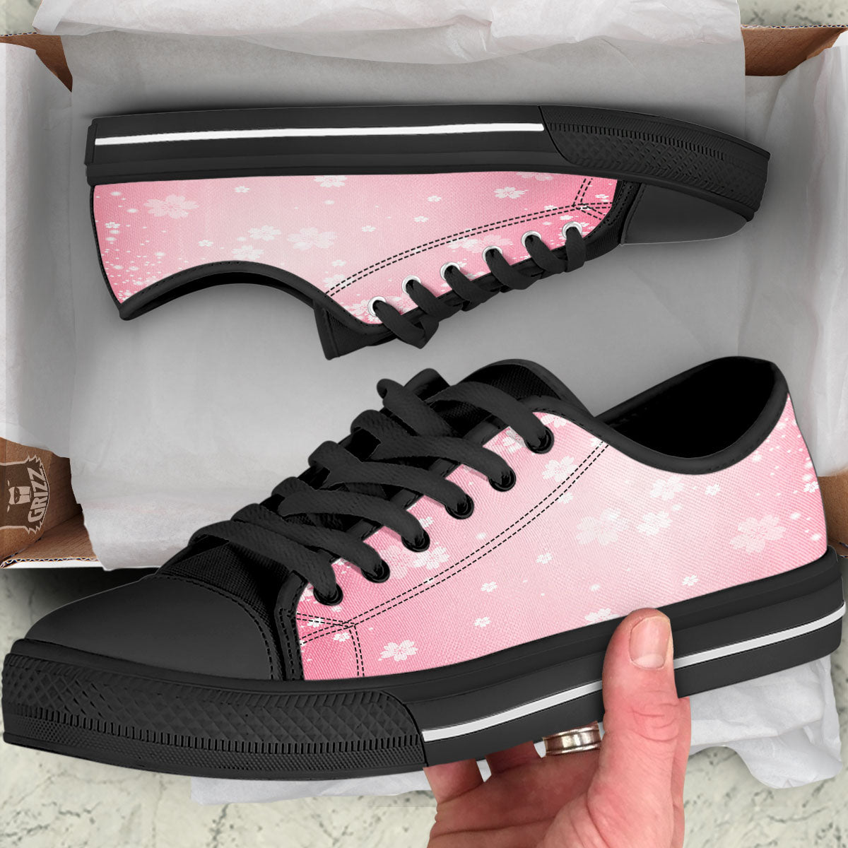 Sparkle Floral Print Black Low Top Shoes-grizzshop