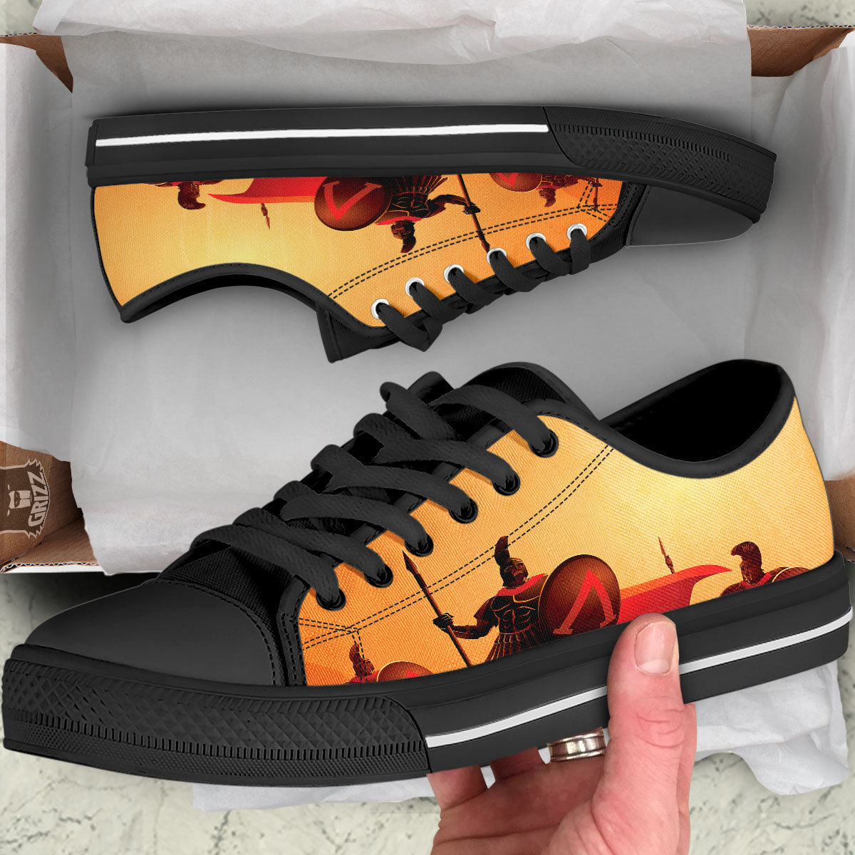 Spartan Ancient Print Black Low Top Shoes-grizzshop