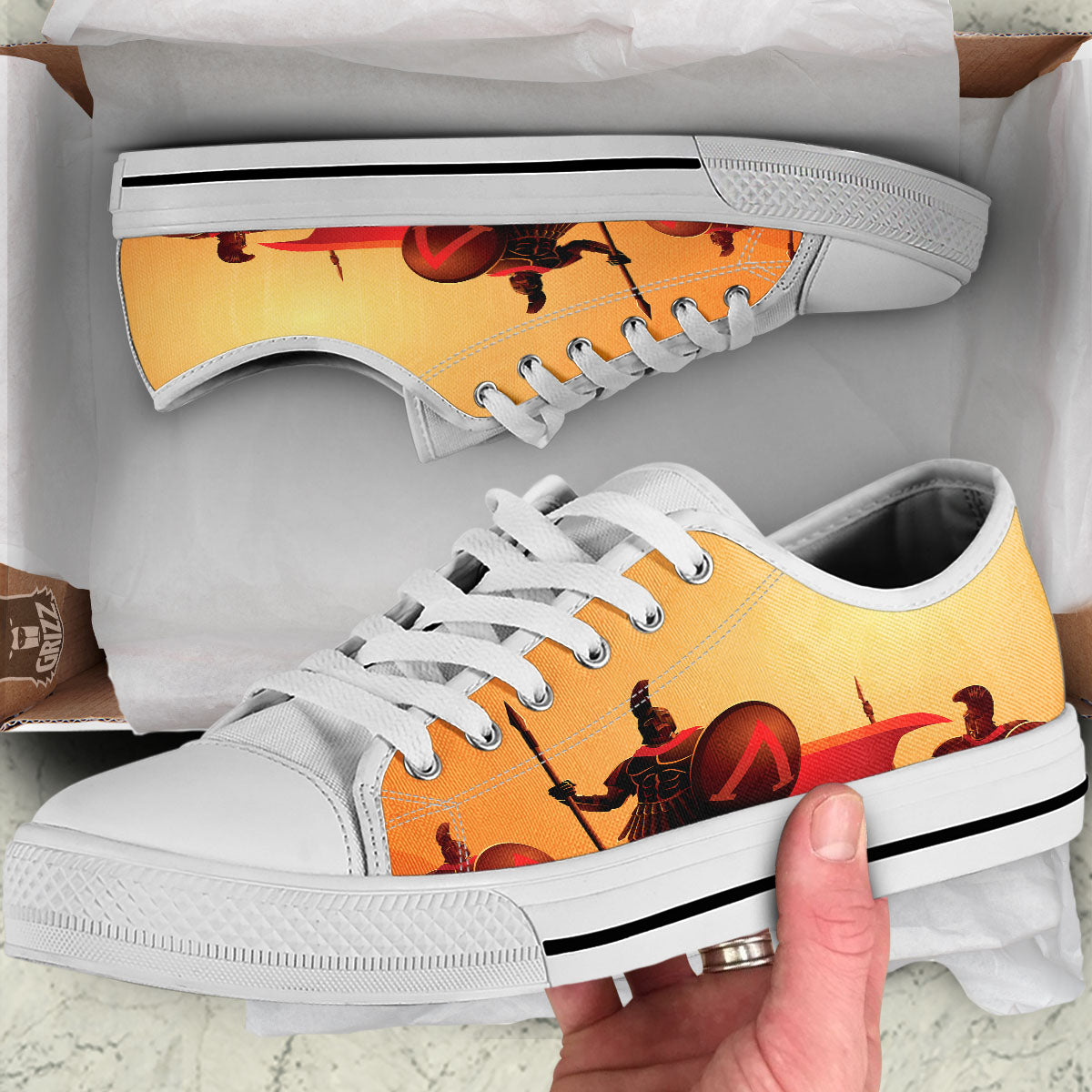 Spartan Ancient Print White Low Top Shoes-grizzshop