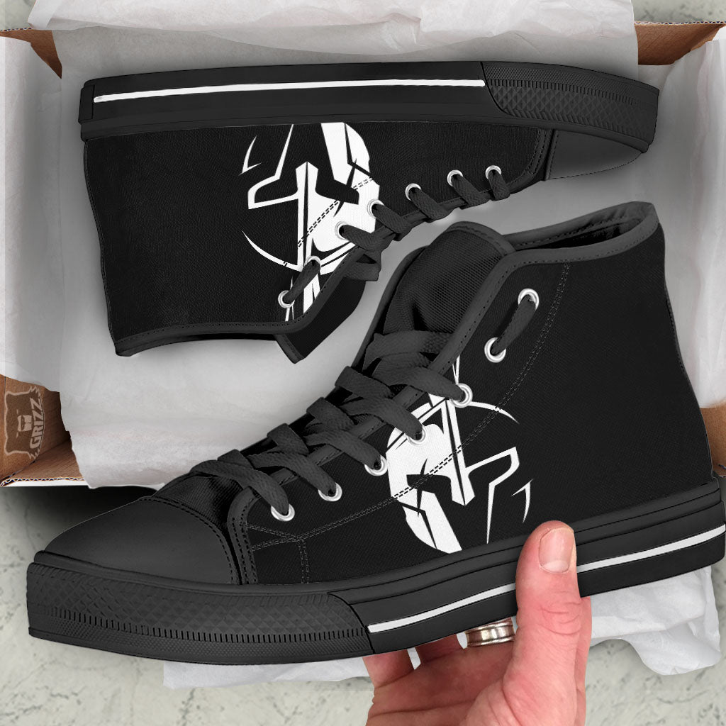 Spartan Helmet White And Black Print Black High Top Shoes-grizzshop