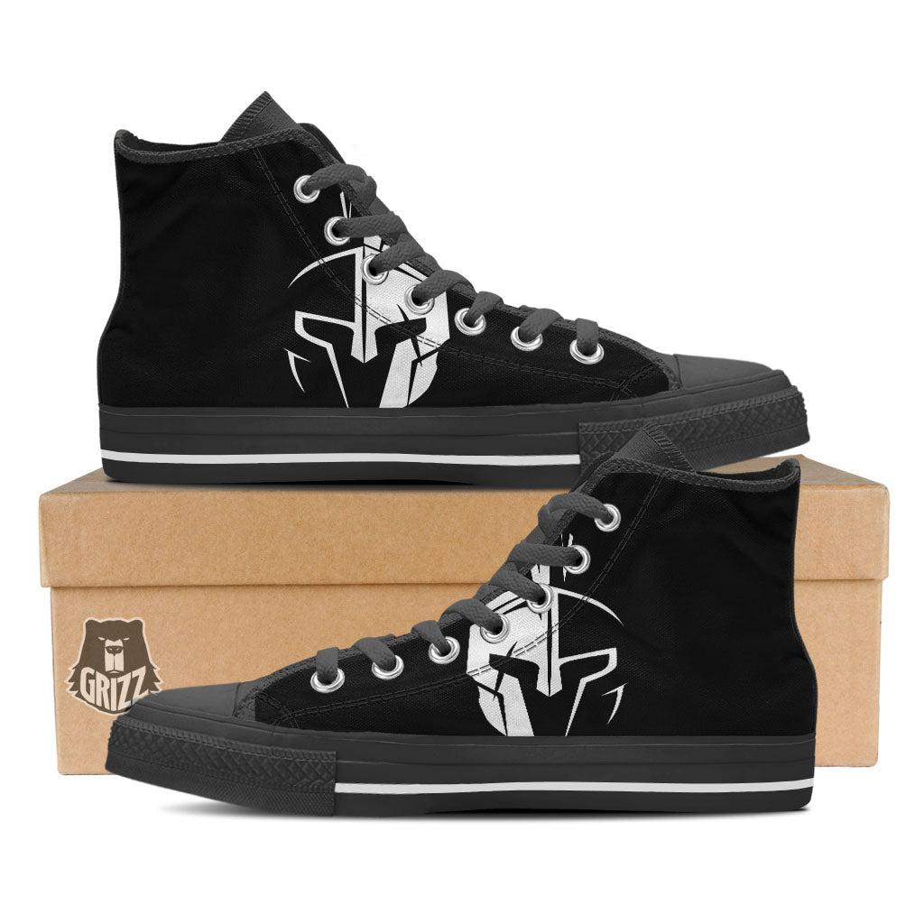 Spartan Helmet White And Black Print Black High Top Shoes-grizzshop