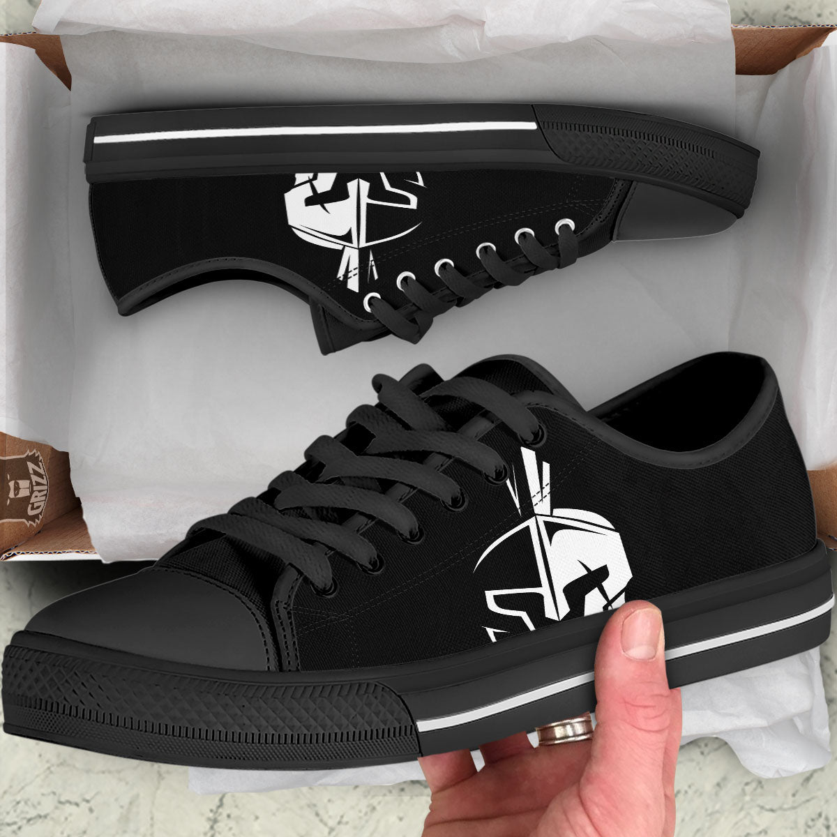 Spartan Helmet White And Black Print Black Low Top Shoes-grizzshop