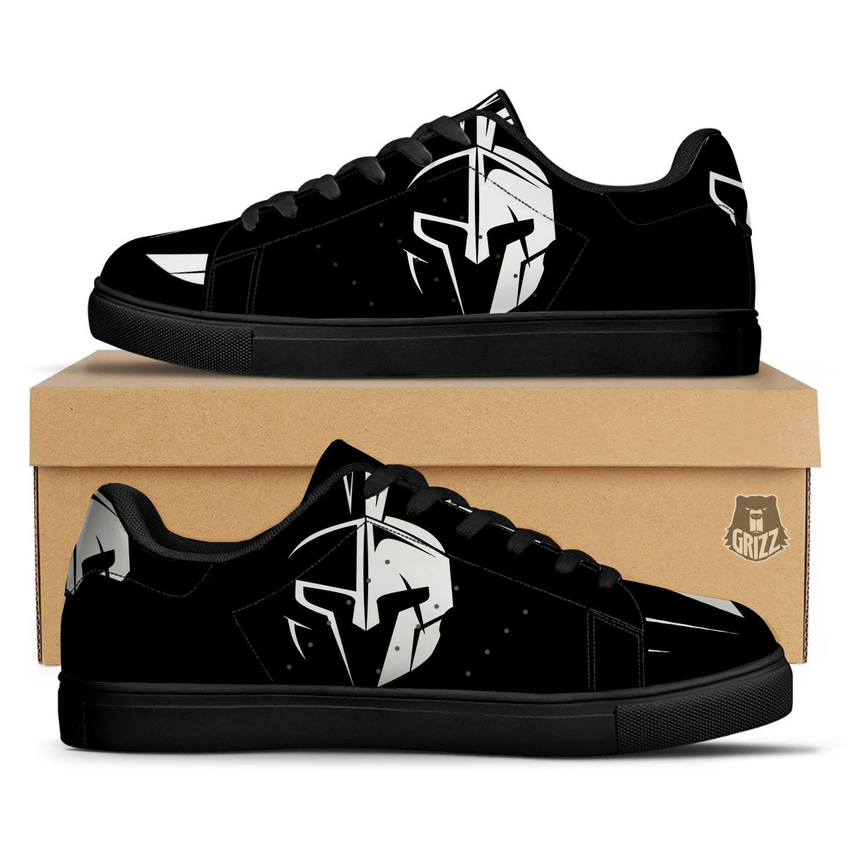 Spartan Helmet White And Black Print Black Low Top Sneakers-grizzshop