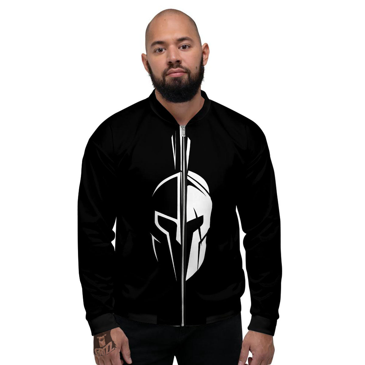 Spartan Helmet White And Black Print Men's Bomber Jacket-grizzshop